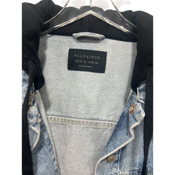 AllSaints Jacket Milena Hooded Denim Size L (US 8) Indigo Blue Black Button - Picture 4 of 10